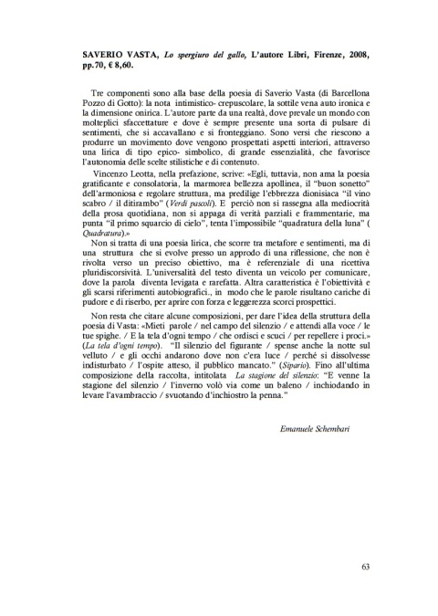 Quaderni di Arenaria - Recensione di Emanuele Schembari - Lo spergiuro del gallo 2008